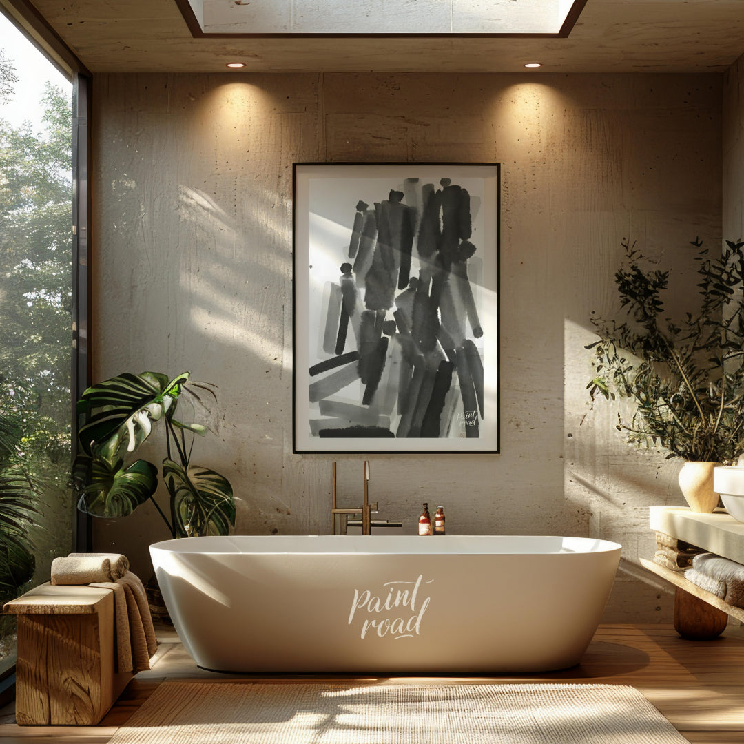 """Ink Congregation"" presents a dynamic abstract composition of figures rendered in expressive bla… for bathroom