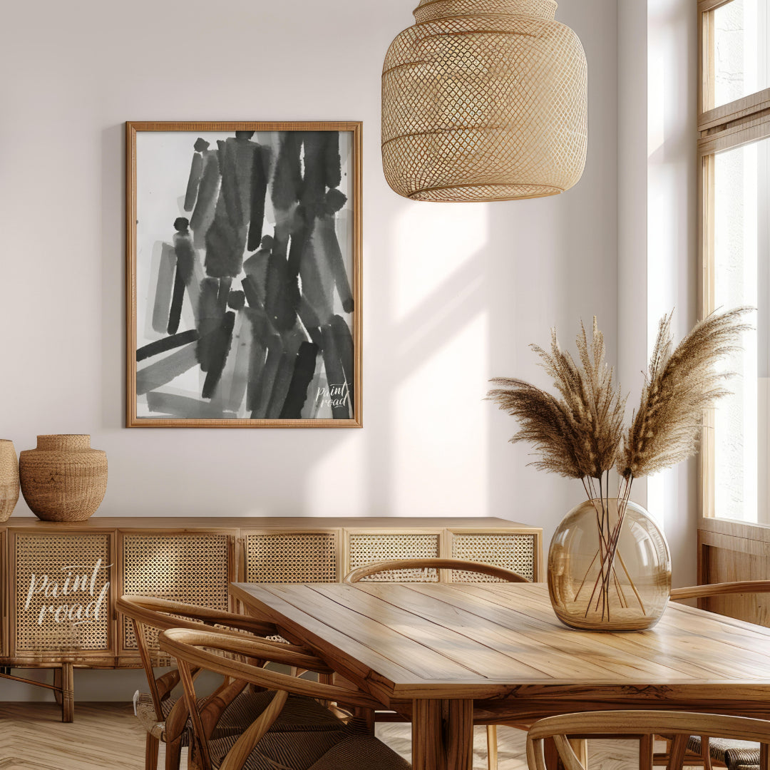 """Ink Congregation"" presents a dynamic abstract composition of figures rendered in expressive bla… for dining room