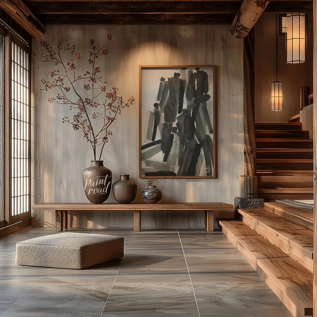 """Ink Congregation"" presents a dynamic abstract composition of figures rendered in expressive bla… for entryway