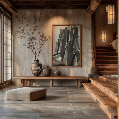 """Ink Congregation"" presents a dynamic abstract composition of figures rendered in expressive bla… for entryway