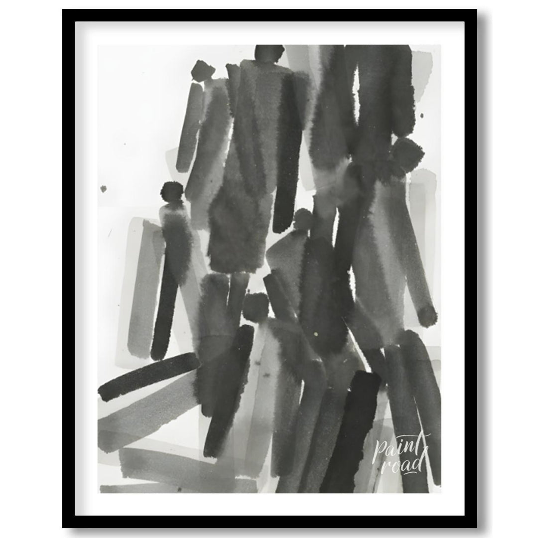 """Ink Congregation"" presents a dynamic abstract composition of figures rendered in expressive bla… for house