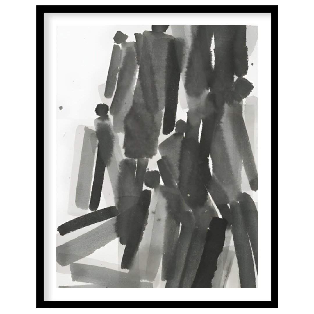 """Ink Congregation"" presents a dynamic abstract composition of figures rendered in expressive bla… for house