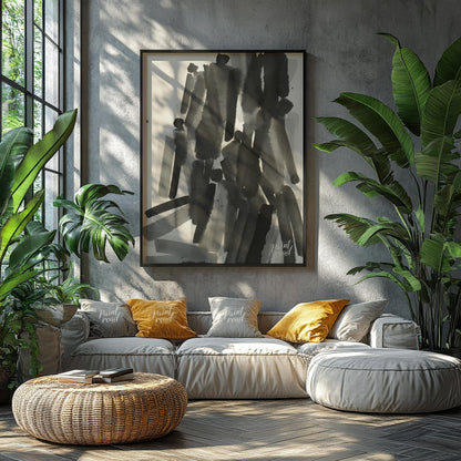 """Ink Congregation"" presents a dynamic abstract composition of figures rendered in expressive bla… for living room
