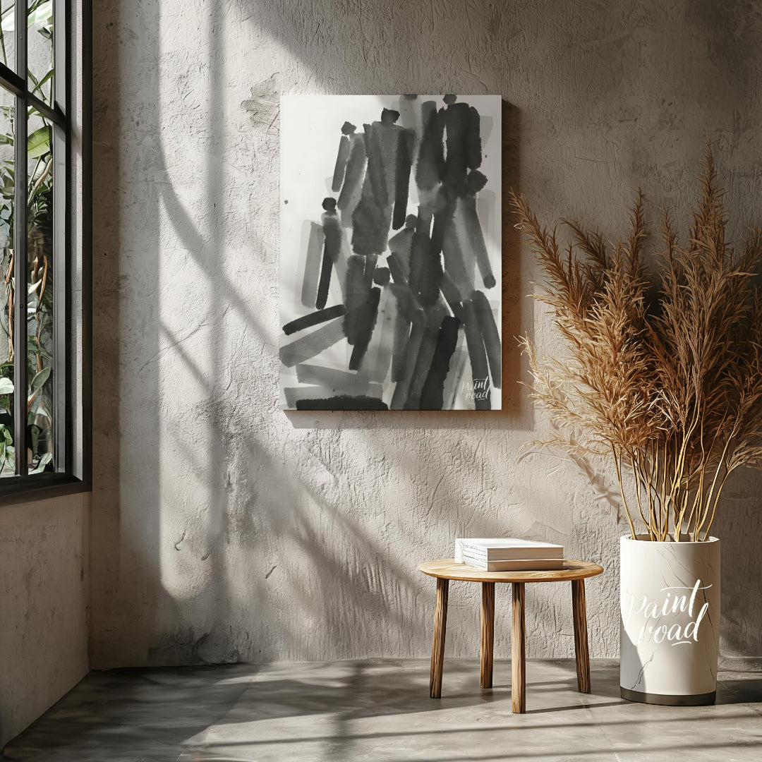 """Ink Congregation"" presents a dynamic abstract composition of figures rendered in expressive bla… for living room