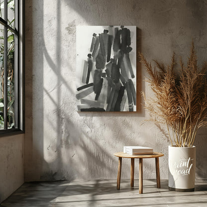 """Ink Congregation"" presents a dynamic abstract composition of figures rendered in expressive bla… for living room