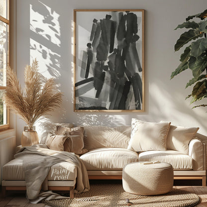 """Ink Congregation"" presents a dynamic abstract composition of figures rendered in expressive bla… for living room