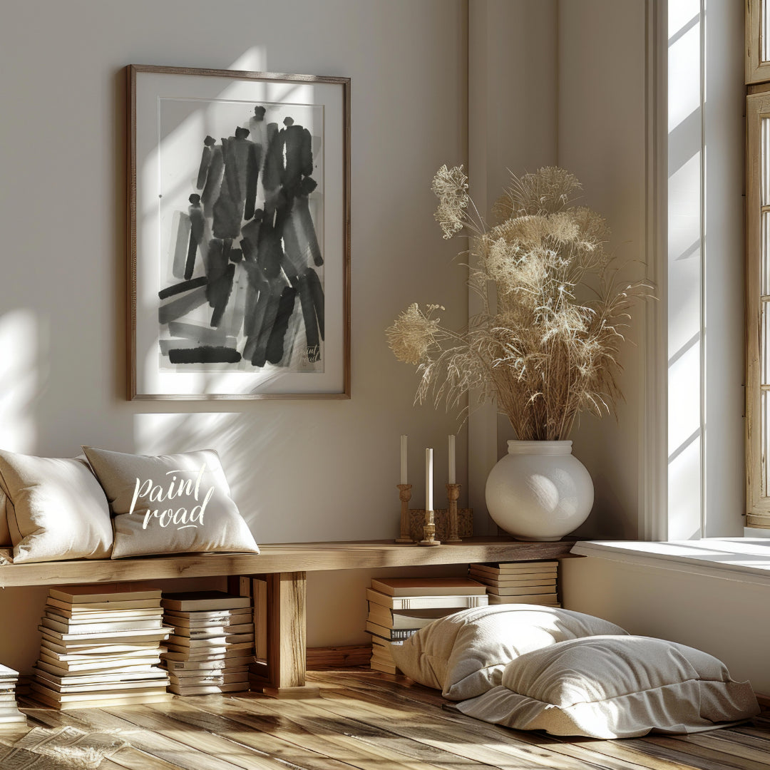 """Ink Congregation"" presents a dynamic abstract composition of figures rendered in expressive bla… for living room