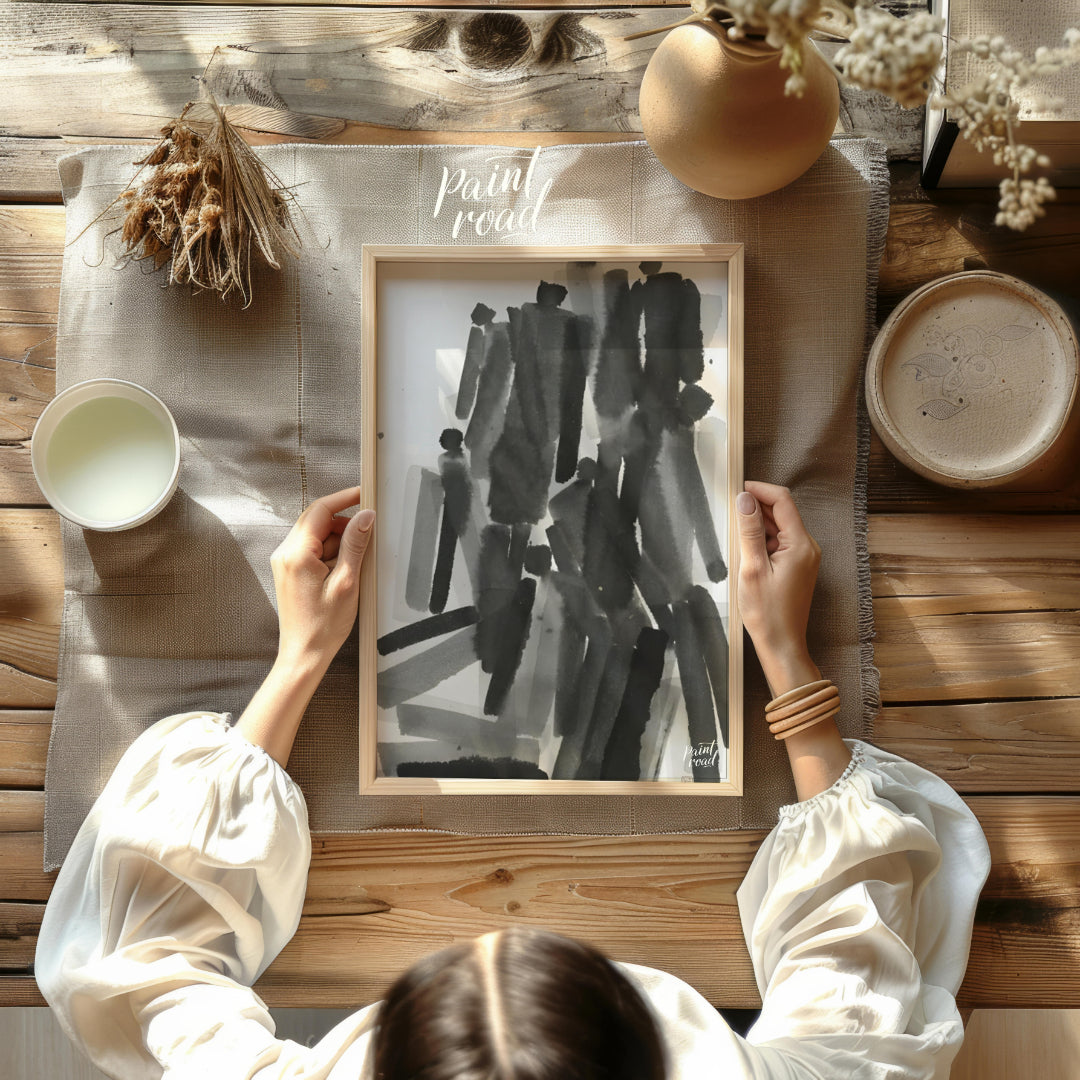 """Ink Congregation"" presents a dynamic abstract composition of figures rendered in expressive bla… for other