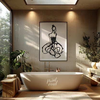 """Ink Couture"" presents a stylized fashion illustration rendered in bold black ink against a ligh… for bathroom