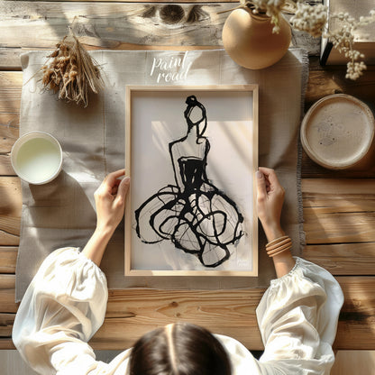 """Ink Couture"" presents a stylized fashion illustration rendered in bold black ink against a ligh… for dining room