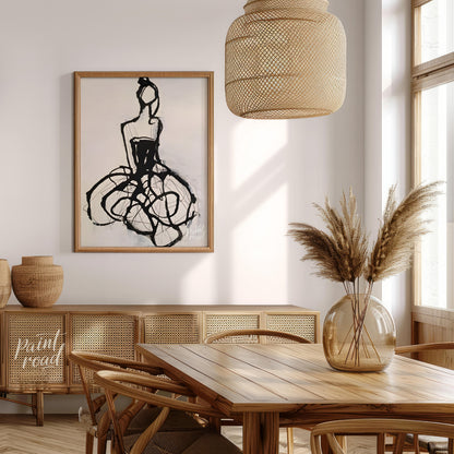 """Ink Couture"" presents a stylized fashion illustration rendered in bold black ink against a ligh… for dining room