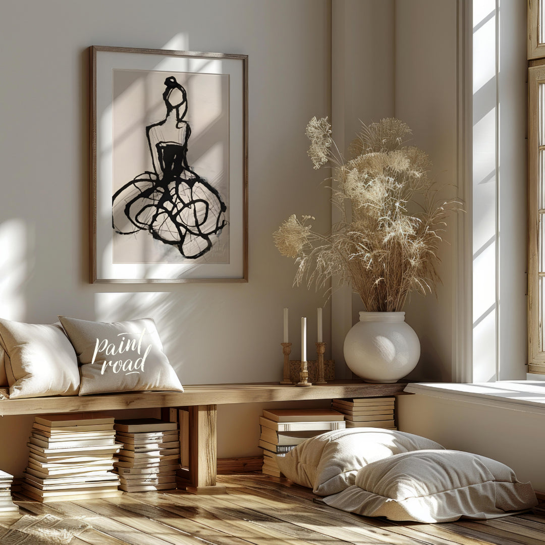 """Ink Couture"" presents a stylized fashion illustration rendered in bold black ink against a ligh… for entryway