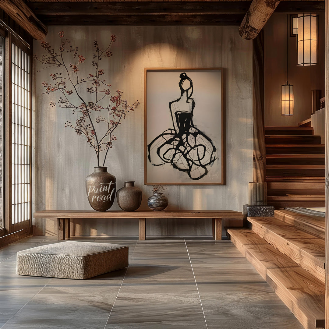 """Ink Couture"" presents a stylized fashion illustration rendered in bold black ink against a ligh… for entryway