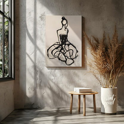 """Ink Couture"" presents a stylized fashion illustration rendered in bold black ink against a ligh… for living room