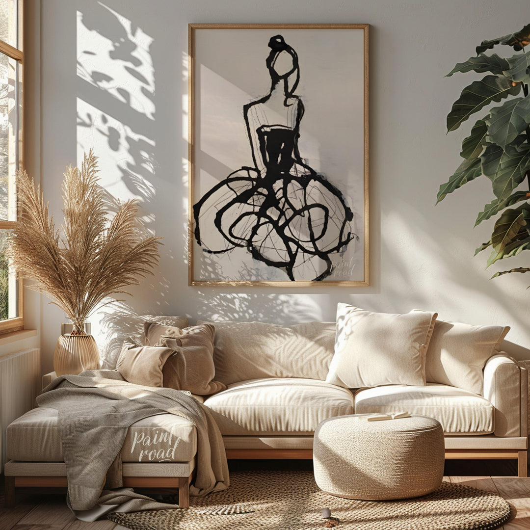 """Ink Couture"" presents a stylized fashion illustration rendered in bold black ink against a ligh… for living room