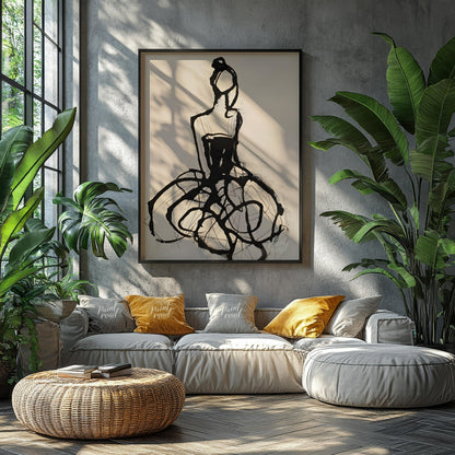 """Ink Couture"" presents a stylized fashion illustration rendered in bold black ink against a ligh… for living room