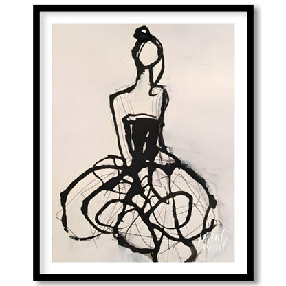 """Ink Couture"" presents a stylized fashion illustration rendered in bold black ink against a ligh… for room