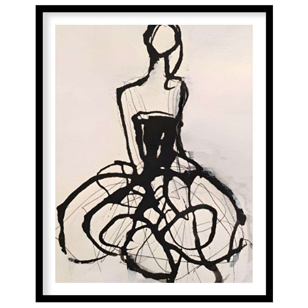 """Ink Couture"" presents a stylized fashion illustration rendered in bold black ink against a ligh… for room