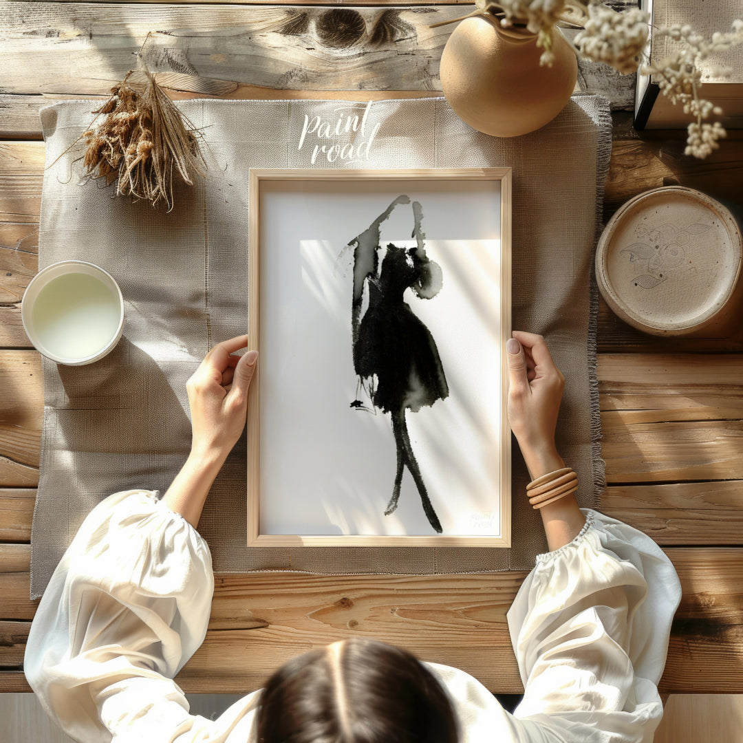 """Ink Dress"" presents a minimalist fashion illustration rendered in expressive black ink against … for dining room