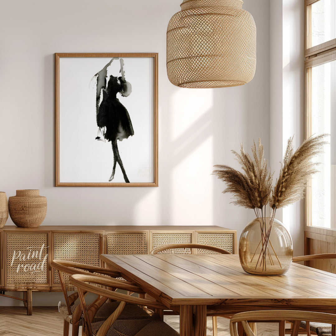 """Ink Dress"" presents a minimalist fashion illustration rendered in expressive black ink against … for dining room