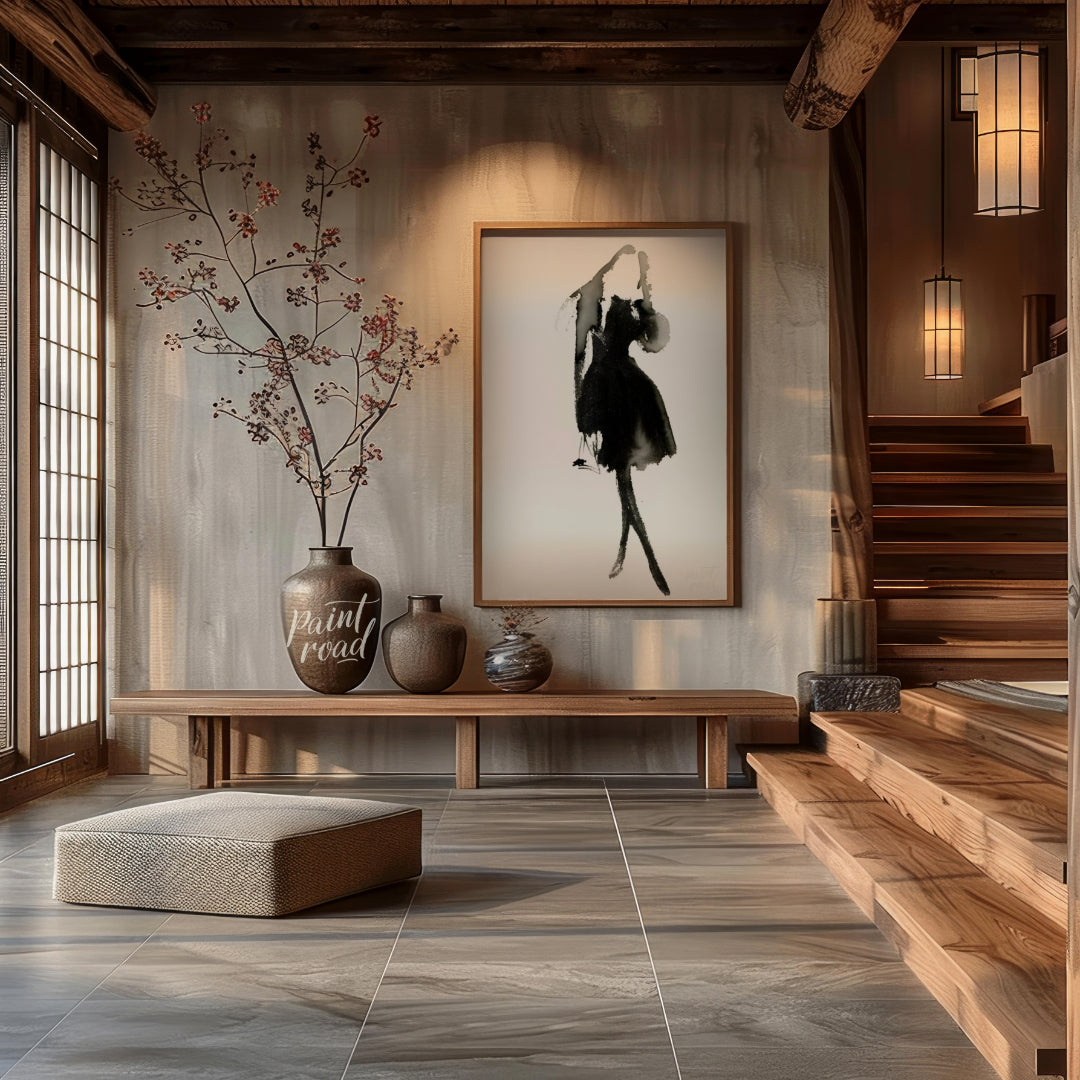 """Ink Dress"" presents a minimalist fashion illustration rendered in expressive black ink against … for entryway