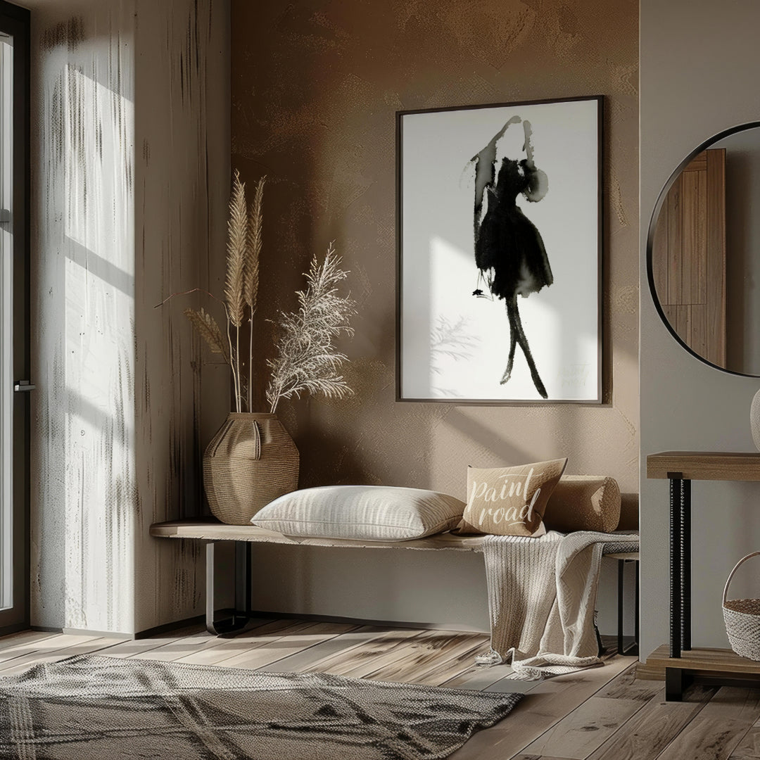 """Ink Dress"" presents a minimalist fashion illustration rendered in expressive black ink against … for entryway
