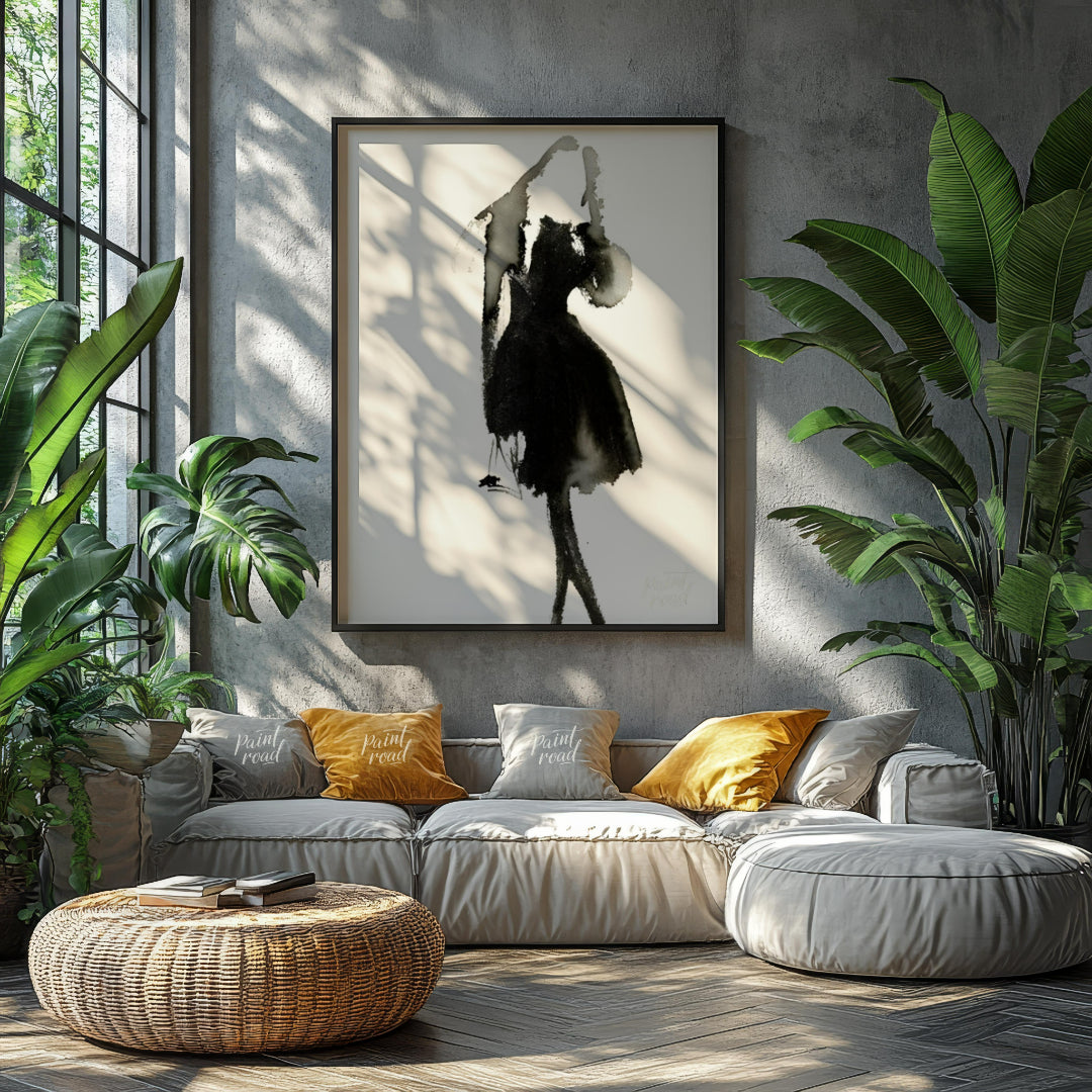 """Ink Dress"" presents a minimalist fashion illustration rendered in expressive black ink against … for living room