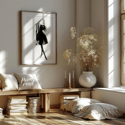 """Ink Dress"" presents a minimalist fashion illustration rendered in expressive black ink against … for living room