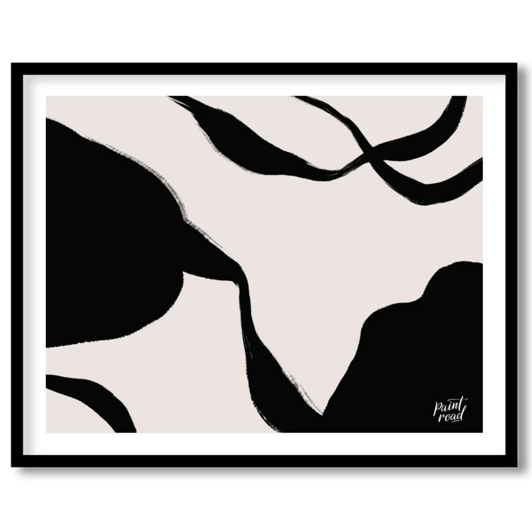 "Ink Echoes" presents a minimalist abstract composition with bold black ink forms against a soft, l… for area