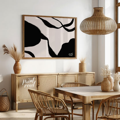 "Ink Echoes" presents a minimalist abstract composition with bold black ink forms against a soft, l… for dining room
