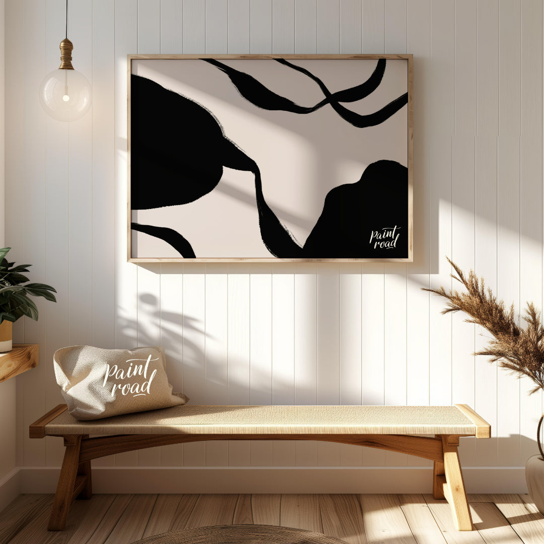 "Ink Echoes" presents a minimalist abstract composition with bold black ink forms against a soft, l… for entryway