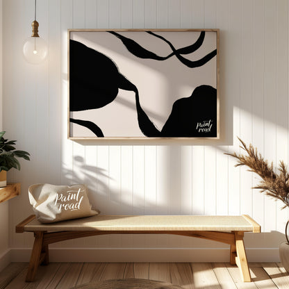 "Ink Echoes" presents a minimalist abstract composition with bold black ink forms against a soft, l… for entryway