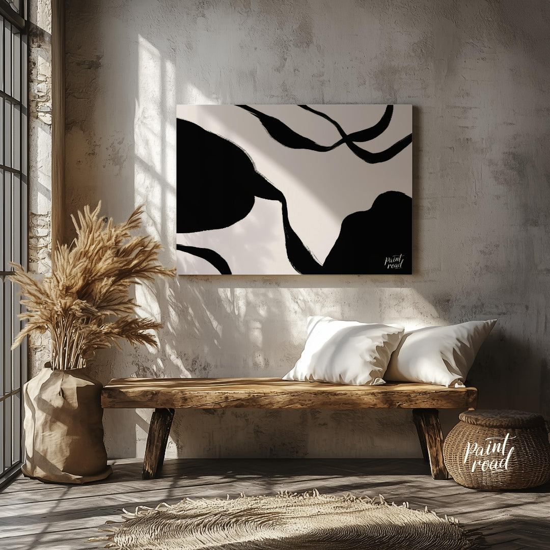 "Ink Echoes" presents a minimalist abstract composition with bold black ink forms against a soft, l… for entryway