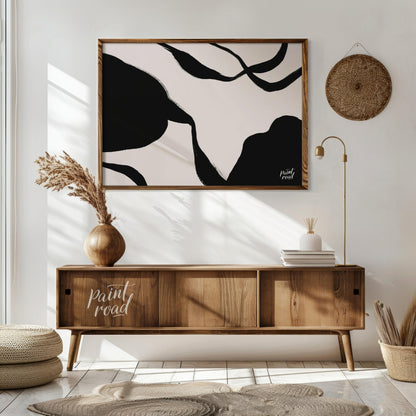 "Ink Echoes" presents a minimalist abstract composition with bold black ink forms against a soft, l… for living room