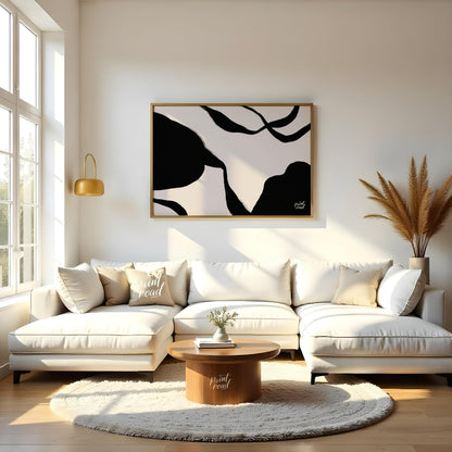 "Ink Echoes" presents a minimalist abstract composition with bold black ink forms against a soft, l… for living room