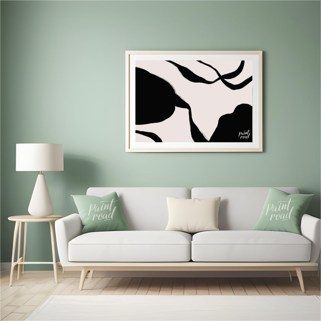 "Ink Echoes" presents a minimalist abstract composition with bold black ink forms against a soft, l… for living room