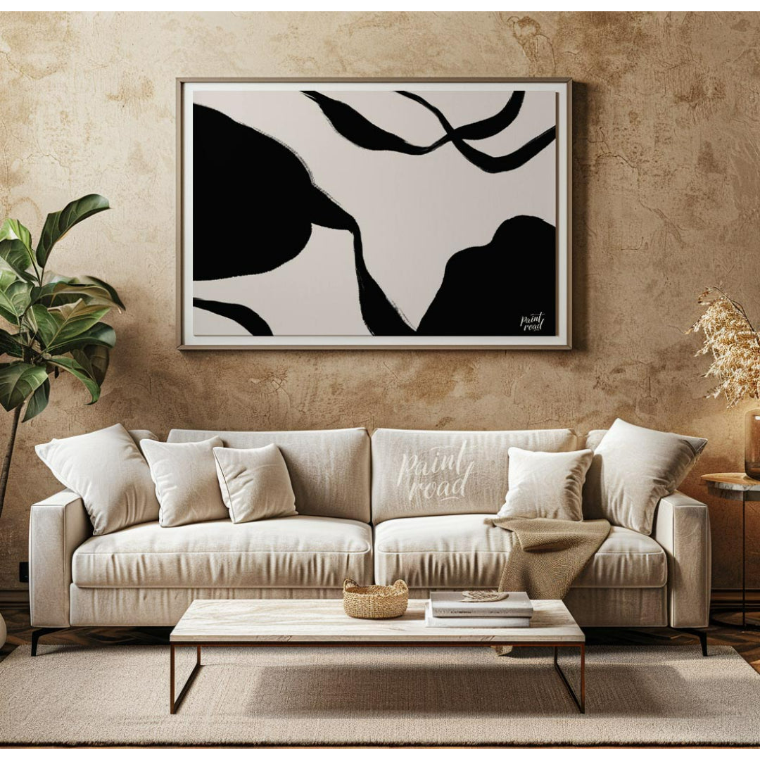 "Ink Echoes" presents a minimalist abstract composition with bold black ink forms against a soft, l… for living room