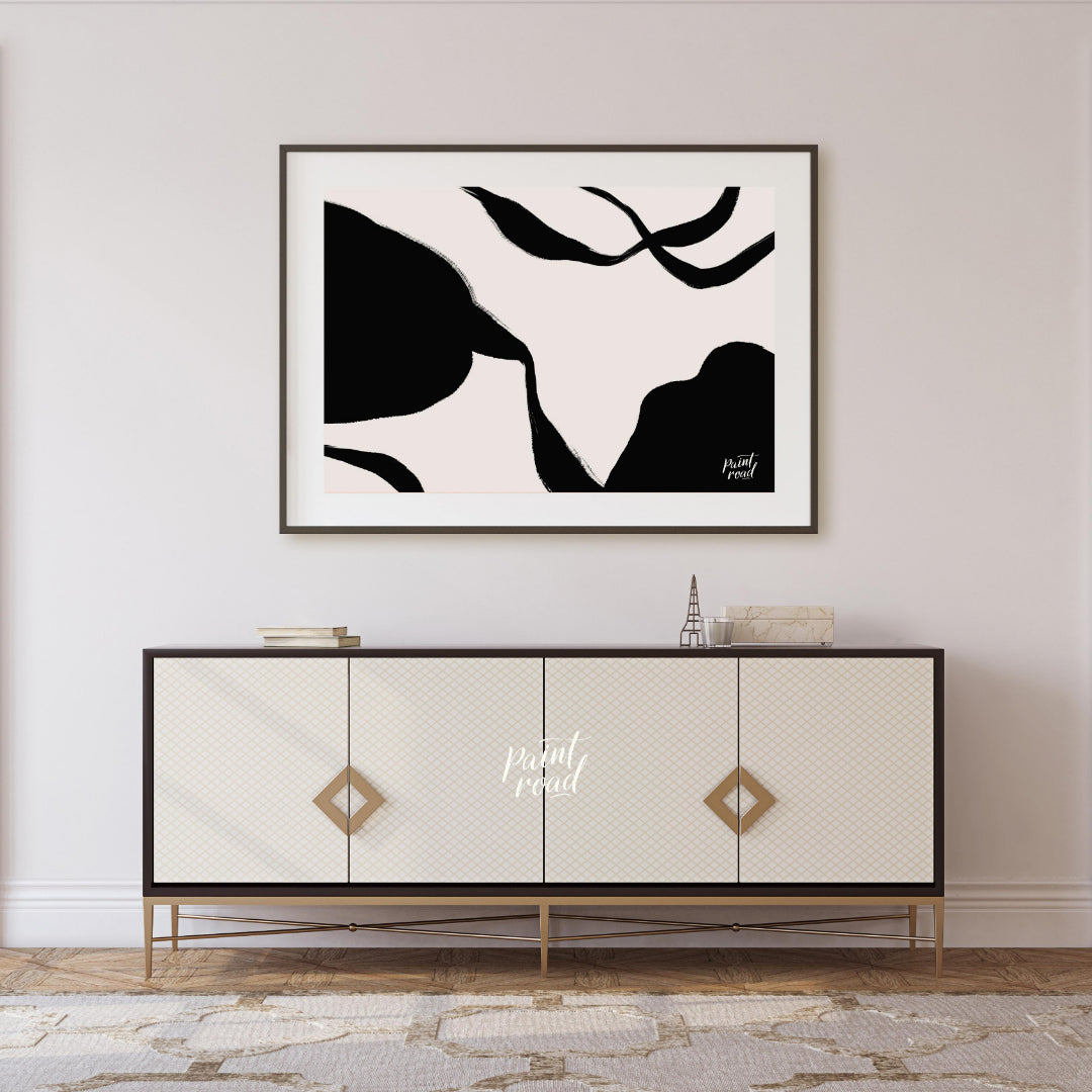 "Ink Echoes" presents a minimalist abstract composition with bold black ink forms against a soft, l… for living room