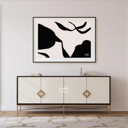 "Ink Echoes" presents a minimalist abstract composition with bold black ink forms against a soft, l… for living room
