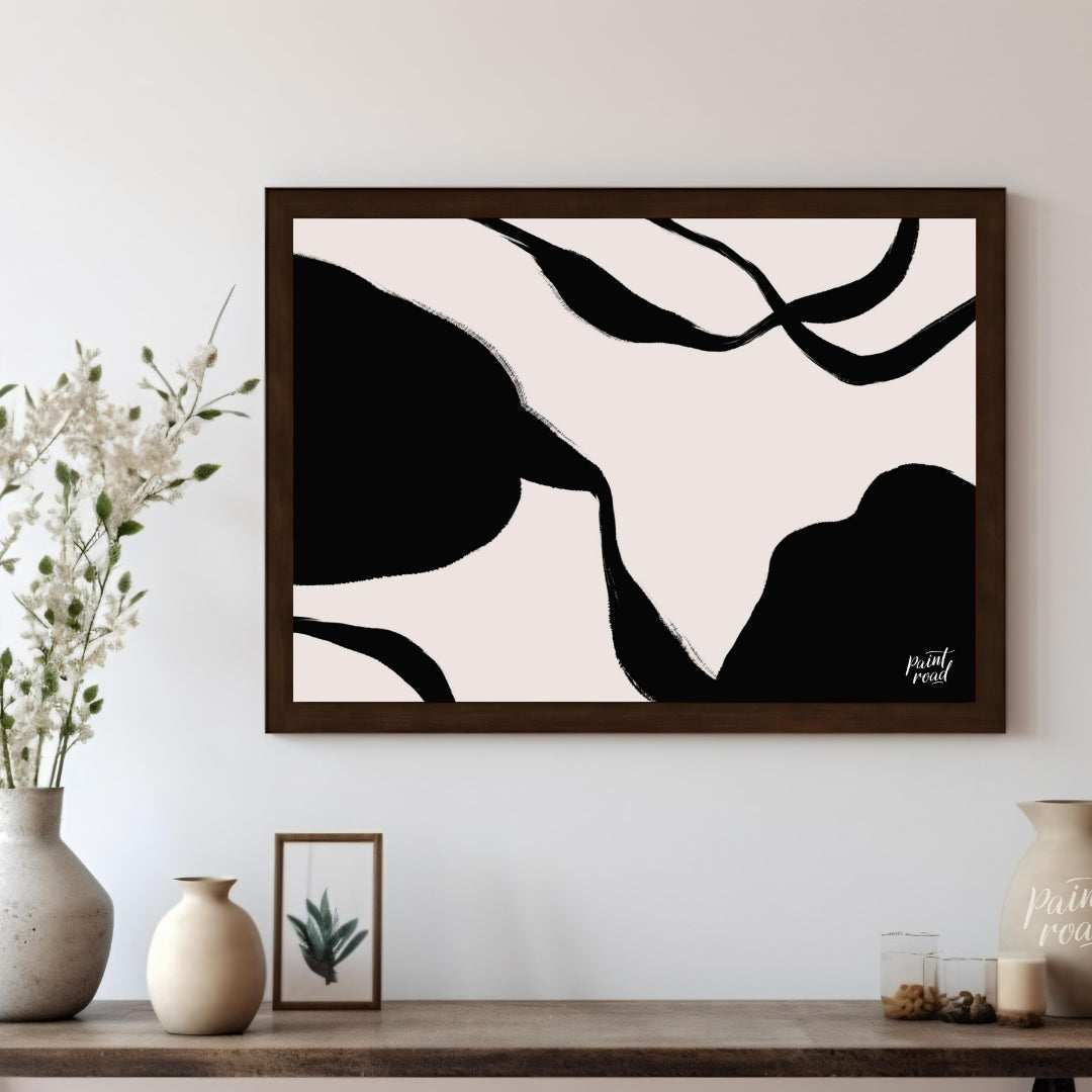 "Ink Echoes" presents a minimalist abstract composition with bold black ink forms against a soft, l… for living room