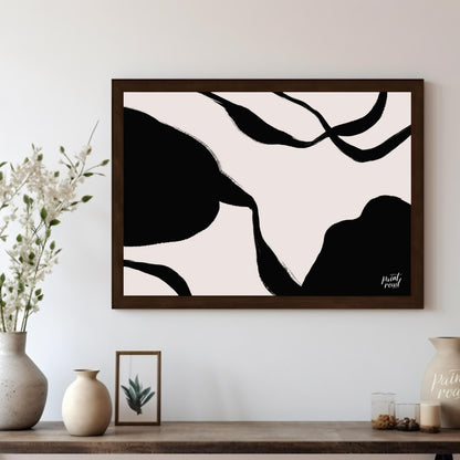 "Ink Echoes" presents a minimalist abstract composition with bold black ink forms against a soft, l… for living room