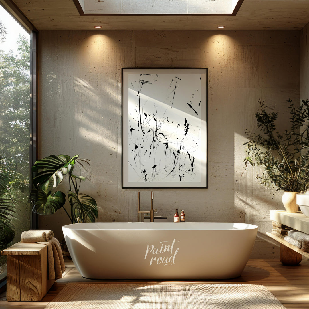 """Ink Eruption"" captures the dynamic energy of splattered ink against a stark white background. T… for bathroom