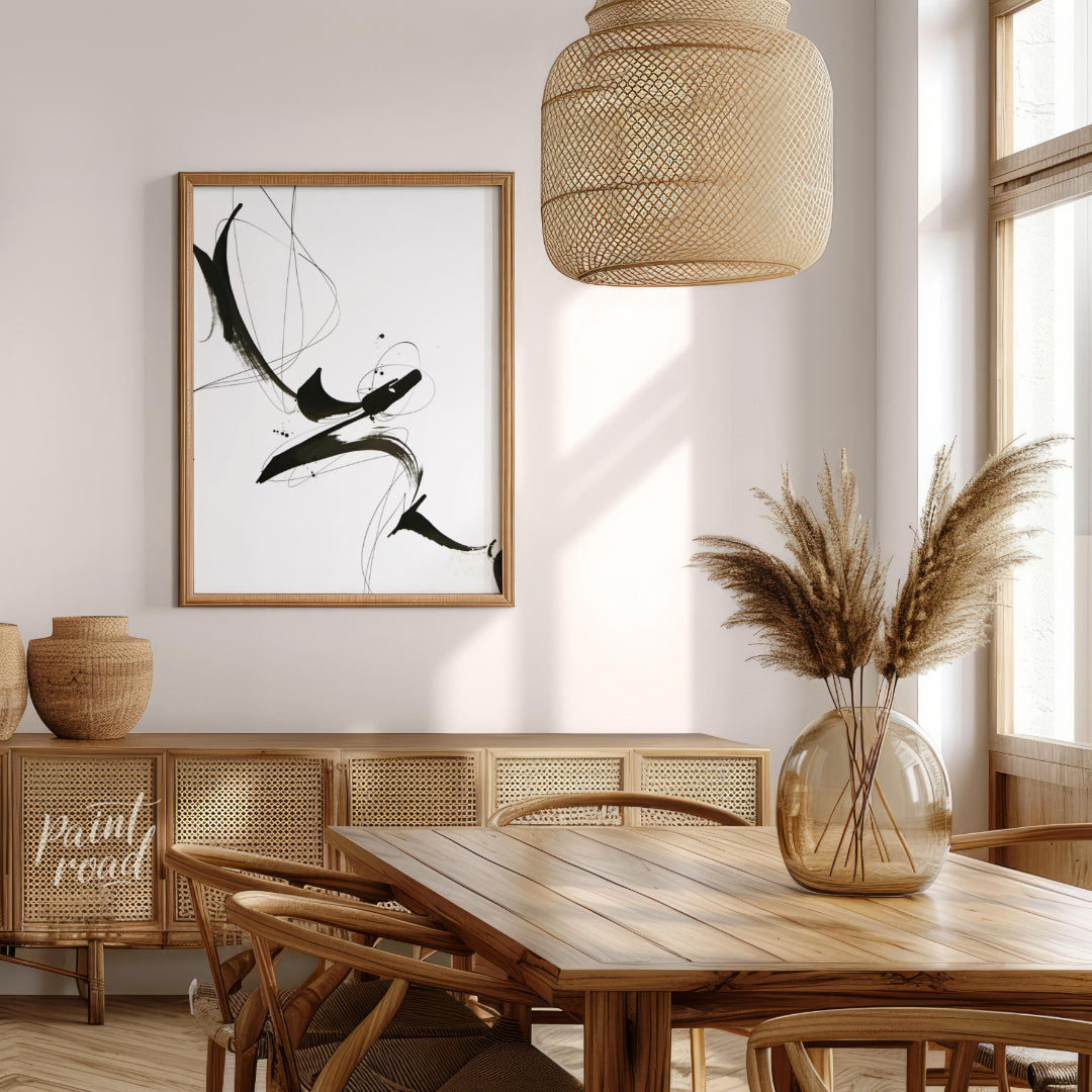 "Ink Flight" captures the dynamic energy of black ink strokes against a stark white background. The… for dining room