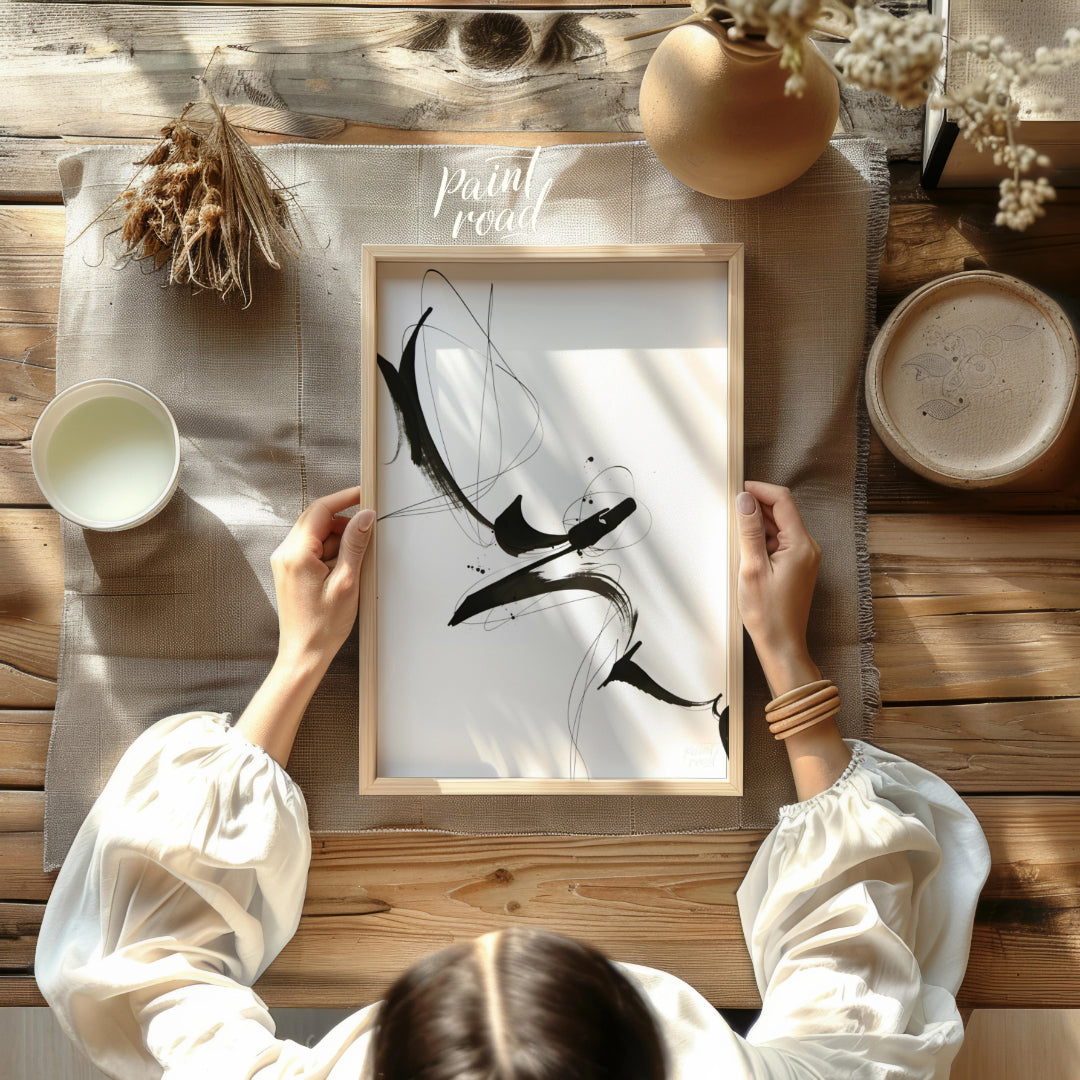"Ink Flight" captures the dynamic energy of black ink strokes against a stark white background. The… for dining room