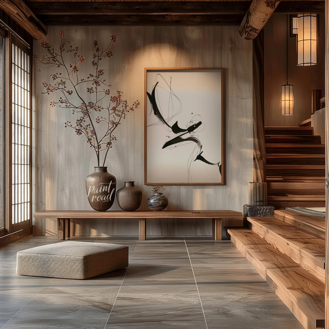 "Ink Flight" captures the dynamic energy of black ink strokes against a stark white background. The… for entryway