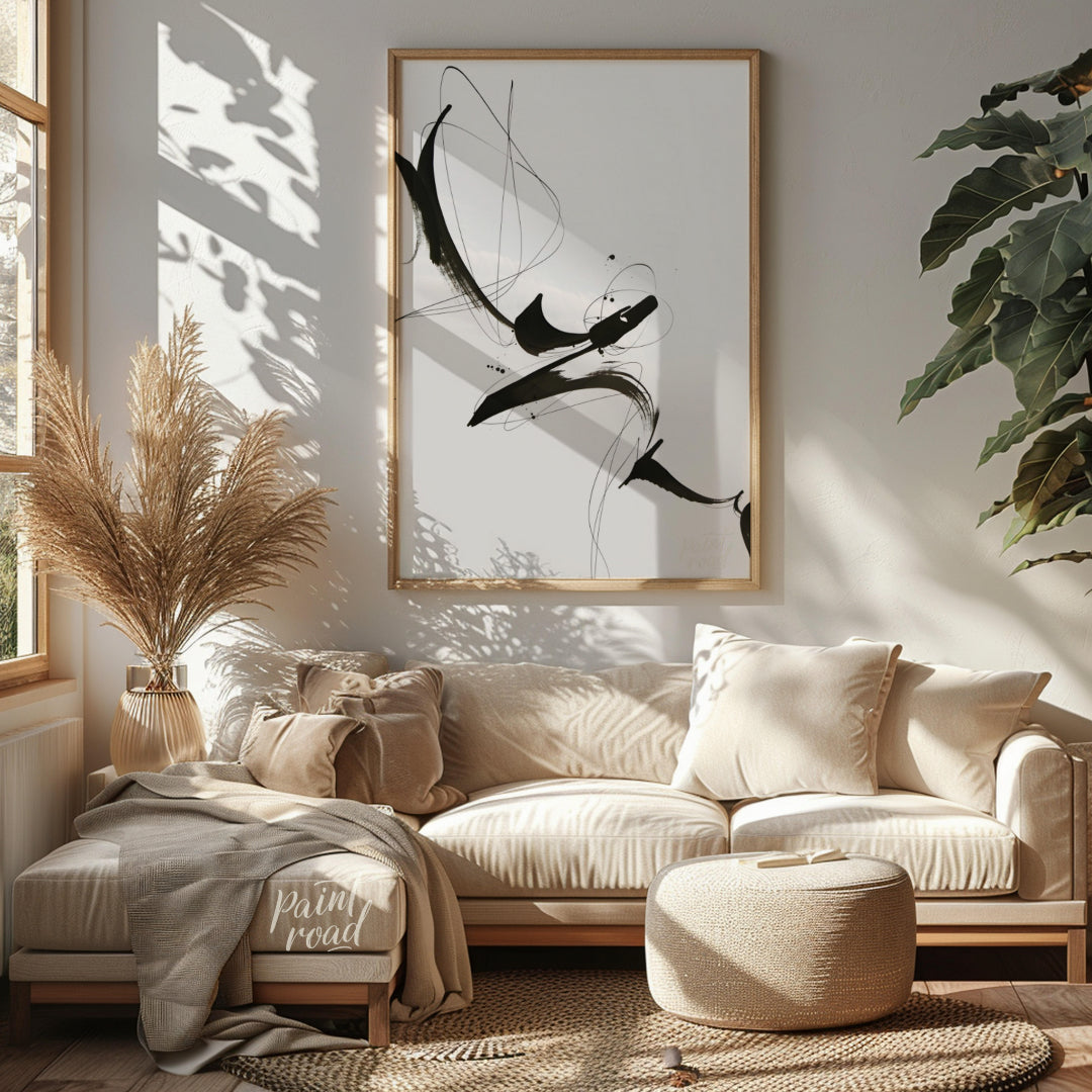 "Ink Flight" captures the dynamic energy of black ink strokes against a stark white background. The… for living room