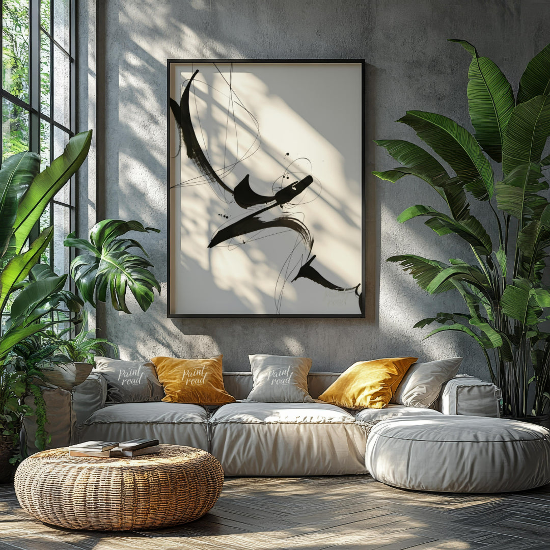 "Ink Flight" captures the dynamic energy of black ink strokes against a stark white background. The… for living room