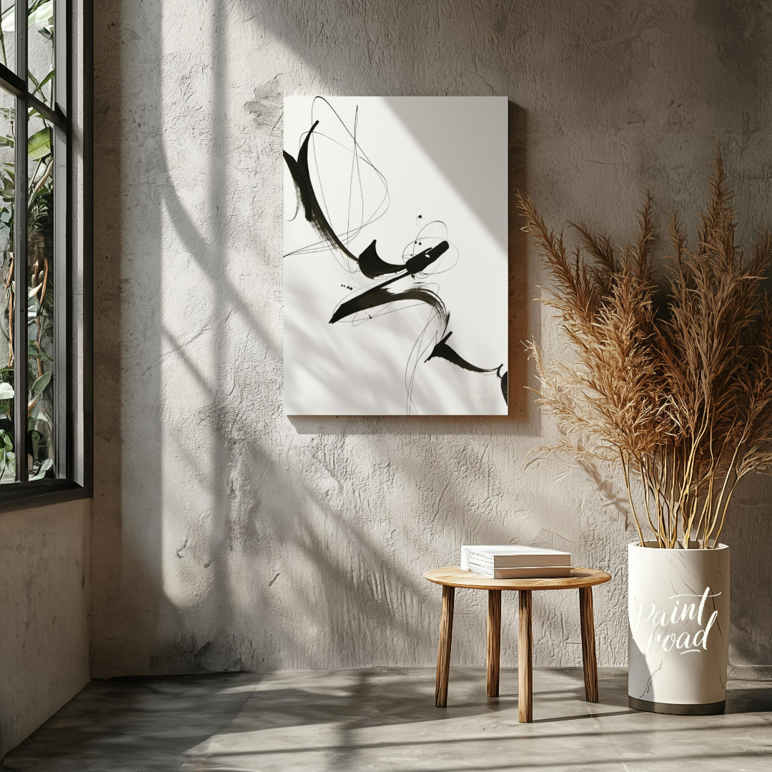 "Ink Flight" captures the dynamic energy of black ink strokes against a stark white background. The… for other