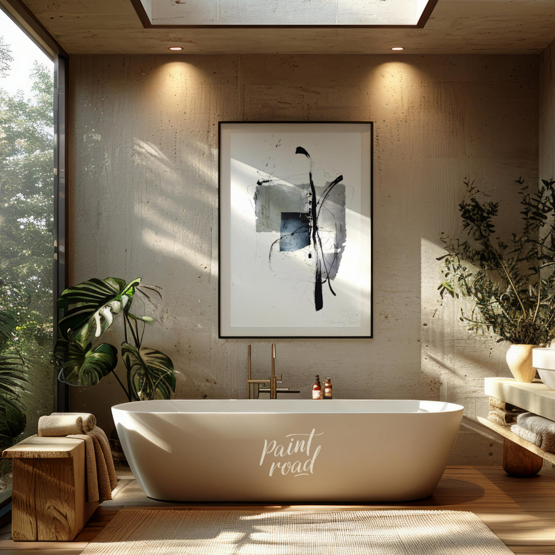 """Ink Fragment"" presents a dynamic interplay of abstract forms and expressive ink strokes against… for bathroom