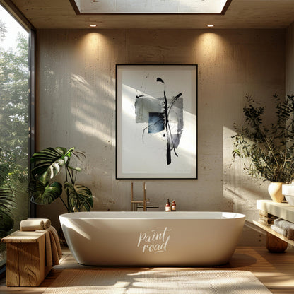 """Ink Fragment"" presents a dynamic interplay of abstract forms and expressive ink strokes against… for bathroom